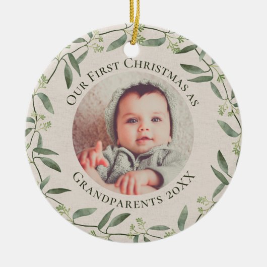 Rustic Wreath 1st Kerstmis als Grandparent 2 Foto Keramisch Ornament (Voorkant)