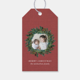 Rustic Wreath and Red Faux Burlap Cadeaulabel