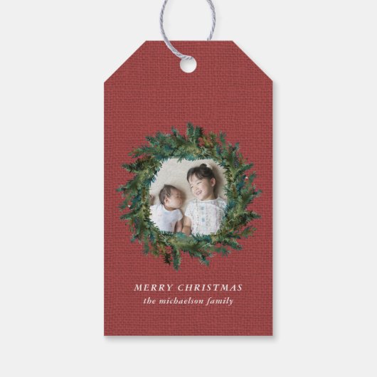 Rustic Wreath and Red Faux Burlap Cadeaulabel (Achterkant)