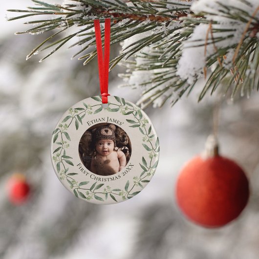 Rustic Wreath Baby's First kerstfoto Holiday Keramisch Ornament