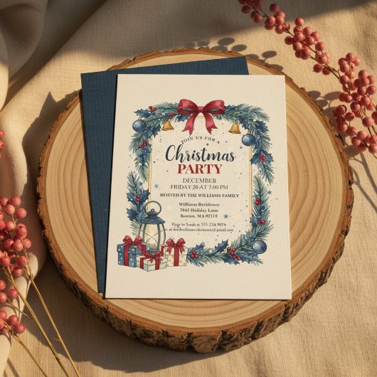 Rustic Wreath Christmas Party Invitation Blue Kaart