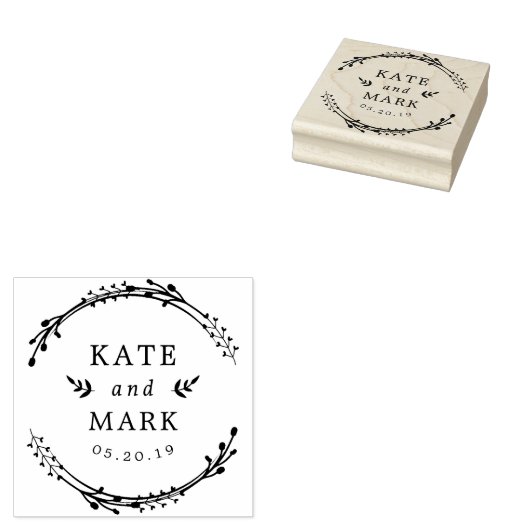 Rustic Wreath Couple Names Wedding Save the Date Rubberstempel (Gestempeld)