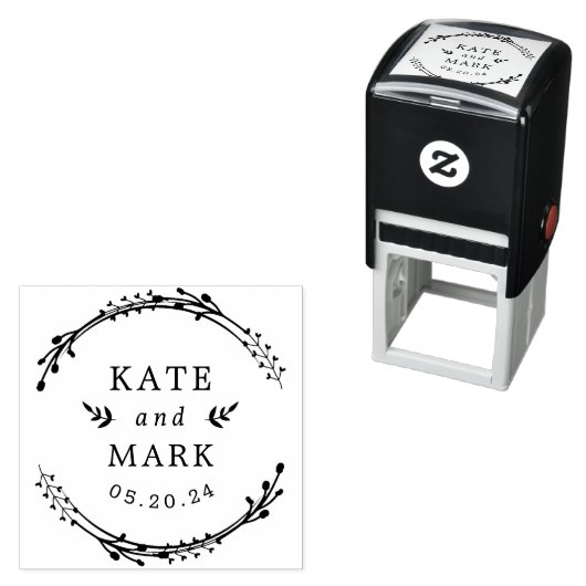 Rustic Wreath Couple Names Wedding Save the Date Zelfinktende Stempel (In situ)