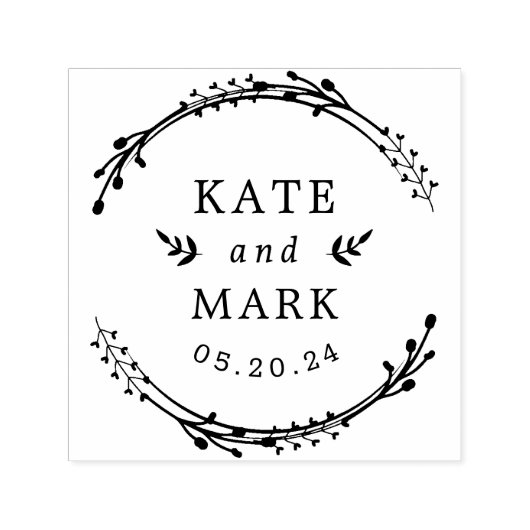 Rustic Wreath Couple Names Wedding Save the Date Zelfinktende Stempel (Design)