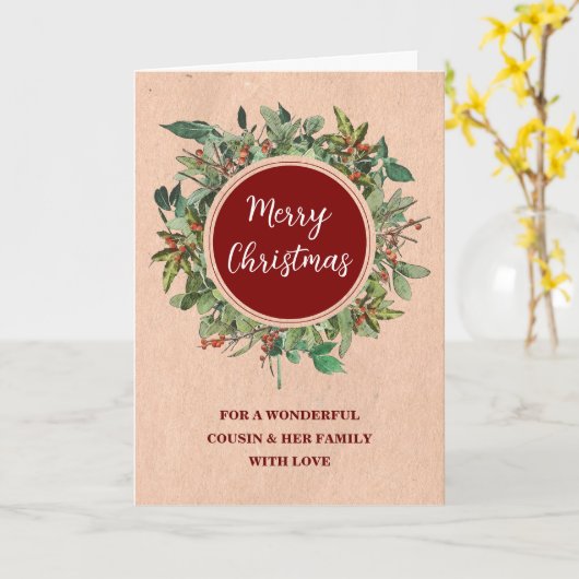 Rustic Wreath Cousin & Family Vrolijk Kerstfeest Kaart (Gele Bloem)