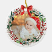 Rustic Wreath Custom Photo Silver Bells en Holly Keramisch Ornament (Voorkant)