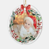 Rustic Wreath Custom Photo Silver Bells en Holly Keramisch Ornament (Links)
