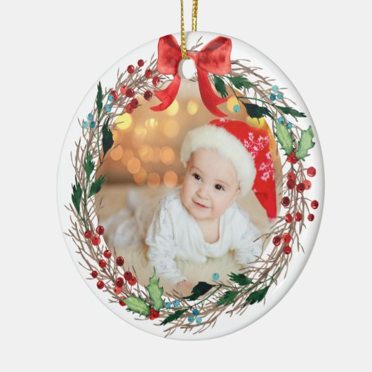 Rustic Wreath Custom Photo Silver Bells en Holly Keramisch Ornament (Links)