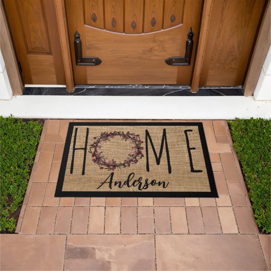 Rustic Wreath Faux Burlap Home Family Name Doormat Deurmat (Buiten)
