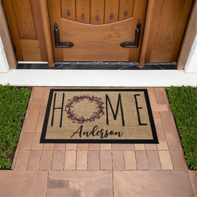 Rustic Wreath Faux Burlap Home Family Name Doormat Deurmat (Buiten)