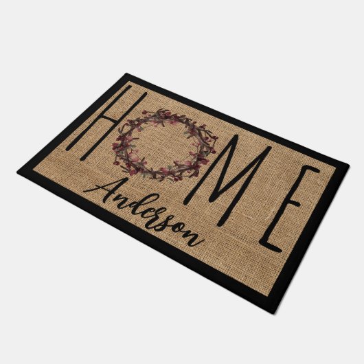 Rustic Wreath Faux Burlap Home Family Name Doormat Deurmat (Schuin)
