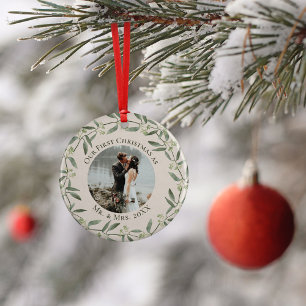 Rustic Wreath First Kerstmis als Mr & Mrs. 2 Foto Keramisch Ornament