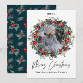 Rustic Wreath Floral Berry Photo Merry Kerstmis Feestdagenkaart (Voorkant / Achterkant)