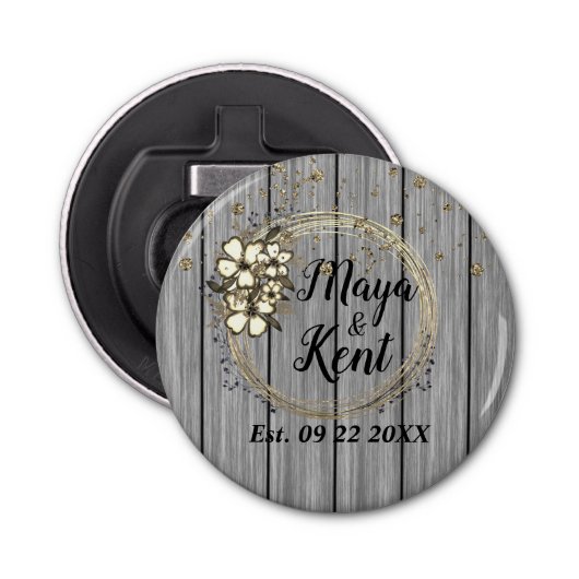 Rustic Wreath Floral Glitter Wedding Button Flesopener (Voorkant)