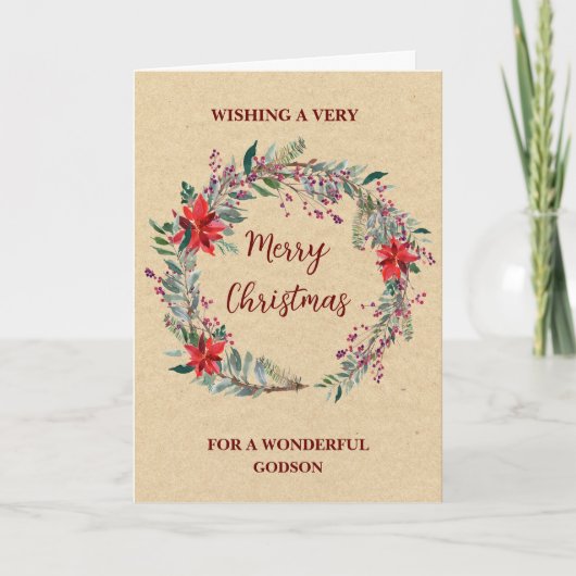 Rustic Wreath Godson Vrolijk Kerstfeest Kaart (Voorkant)