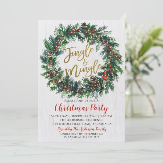 Rustic Wreath Gold Jingle & Mingle Kerstparty Kaart (Staand voorkant)