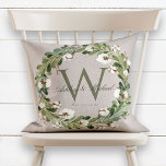 Rustic Wreath Green Monogram Wedding Keepslag Kussen<br><div class="desc">Persoonlijke bruiloft. Dit elegante, rustige, digitale linnen ontwerp-kussen biedt een beige linnen textuurachtergrond met een prachtige waterverf groene en katoenboll die het klassieke groene monogram initiaal lijst. De voornamen van het stel worden geschreven over het monogram initiaal in een prachtig kalligrafiekmanuscript, met de trouwdatum hieronder. Het ontwerp is hetzelfde op...</div>