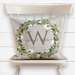 Rustic Wreath Green Monogram Wedding Keepslag Kussen