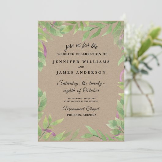 Rustic Wreath Greenery Wedding Invitation Kaart (Staand voorkant)