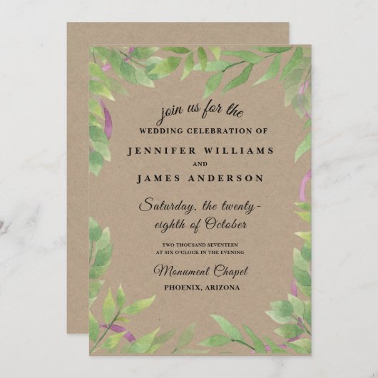Rustic Wreath Greenery Wedding Invitation Kaart (Voorkant / Achterkant)