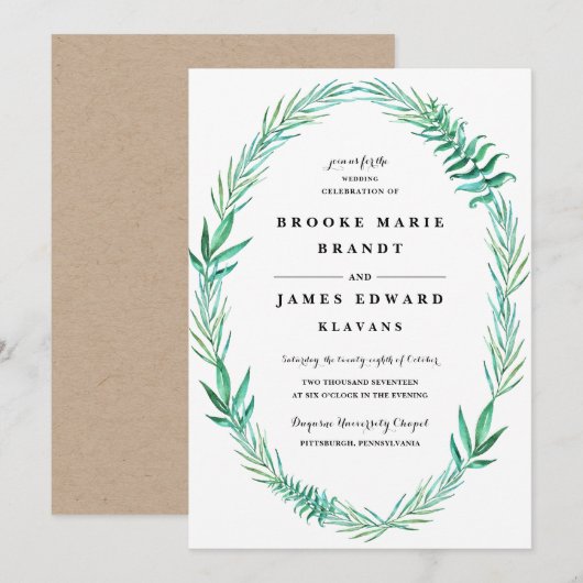 Rustic Wreath Greenery Wedding Invitation Kaart (Voorkant / Achterkant)