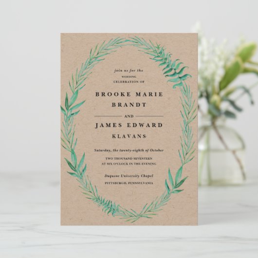 Rustic Wreath Greenery Wedding Invitation Kaart (Staand voorkant)
