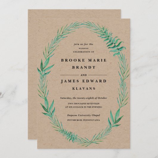 Rustic Wreath Greenery Wedding Invitation Kaart (Voorkant / Achterkant)