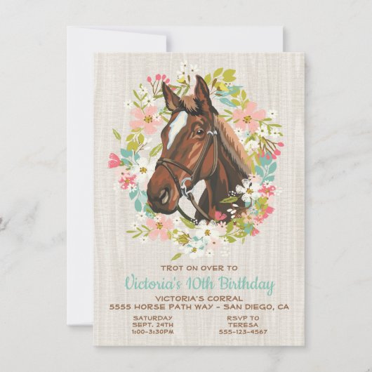 Rustic Wreath Horse Birthday Party Invitation Kaart (Voorkant)