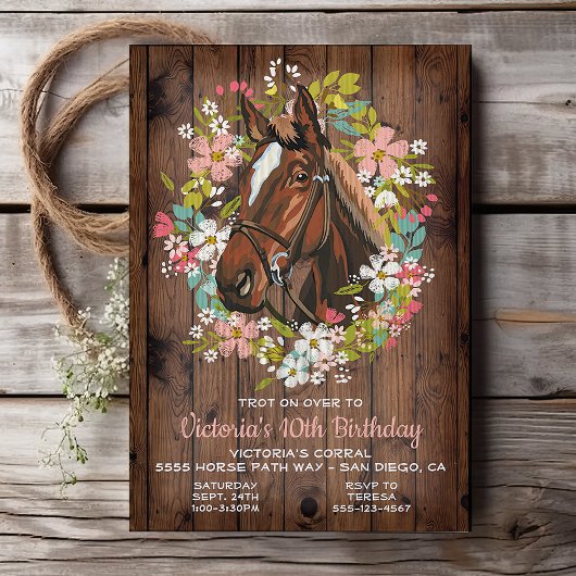 Rustic Wreath Horse Birthday Party Invitation Kaart