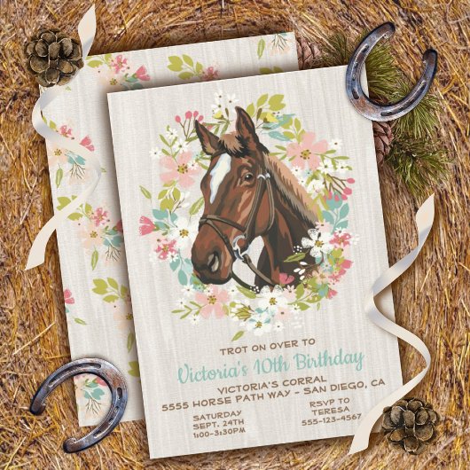 Rustic Wreath Horse Birthday Party Invitation Kaart