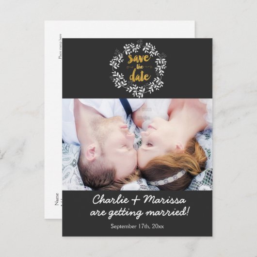 Rustic Wreath Leaf bewaart het DATUM Foto Briefkaa Aankondigingskaart (Voorkant / Achterkant)