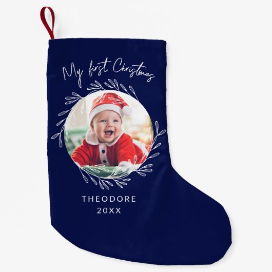 Rustic Wreath Leaf My first Christmas Baby Photo  Kleine Kerstsok (Voorkant)