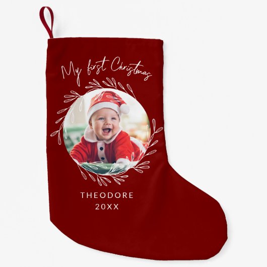 Rustic Wreath Leaf My first Christmas Baby Photo Kleine Kerstsok (Voorkant)