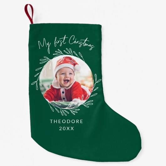 Rustic Wreath Leaf My first Christmas Baby Photo  Kleine Kerstsok (Voorkant)