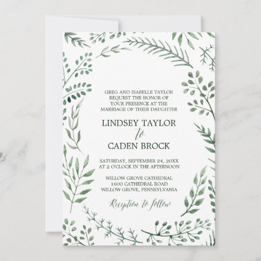 Rustic Wreath met Green Leaves Formal Wedding Kaart (Voorkant)