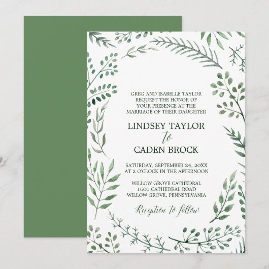 Rustic Wreath met Green Leaves Formal Wedding Kaart (Voorkant / Achterkant)