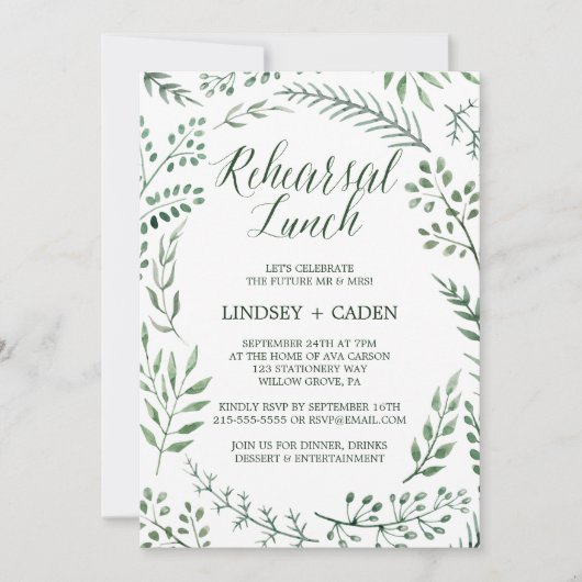 Rustic Wreath met Green Leaves Rehearsal Lunch Kaart (Voorkant)