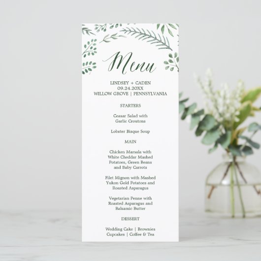 Rustic Wreath met Green Leaves Wedding Menu Kaart (Staand voorkant)