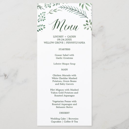 Rustic Wreath met Green Leaves Wedding Menu Kaart (Voorkant)