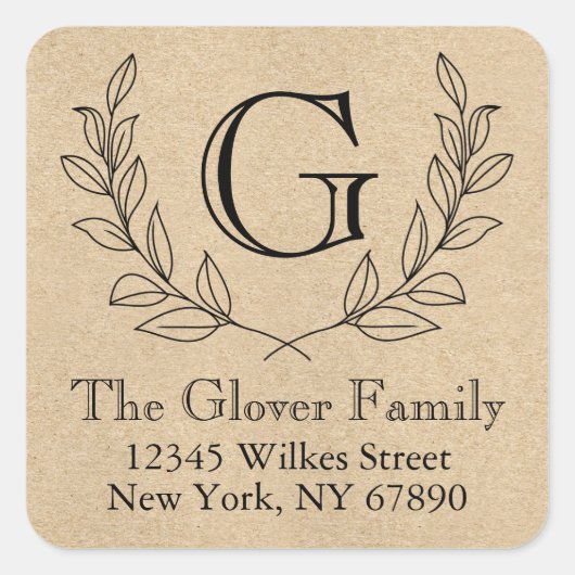 Rustic Wreath Monogram Kraft Paper Style Address Vierkante Sticker (Voorkant)