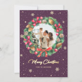 Rustic Wreath Paars Gold Photo met Kerstmis Feestdagenkaart (Voorkant)