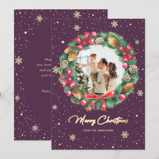 Rustic Wreath Paars Gold Photo met Kerstmis Feestdagenkaart (Voorkant / Achterkant)