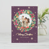 Rustic Wreath Paars Gold Photo met Kerstmis Feestdagenkaart (Staand voorkant)
