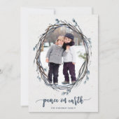Rustic Wreath Peace on Earth Photo Navy Feestdagenkaart (Voorkant)