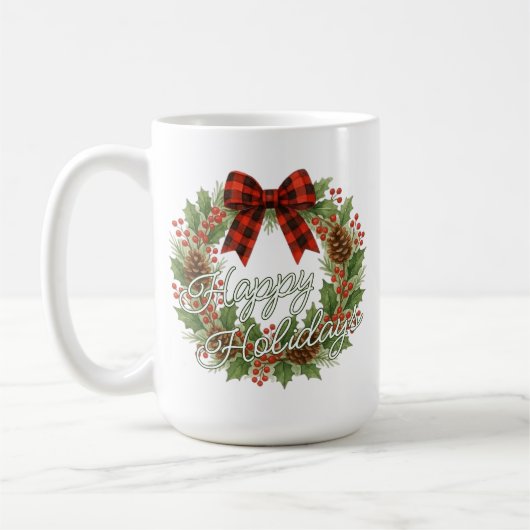 Rustic Wreath Red Black Checkered Bow Holiday Koffiemok (Links)