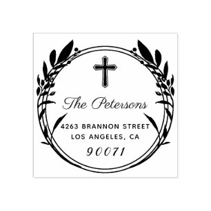 Rustic Wreath Religious Cross Return Address Rubberstempel