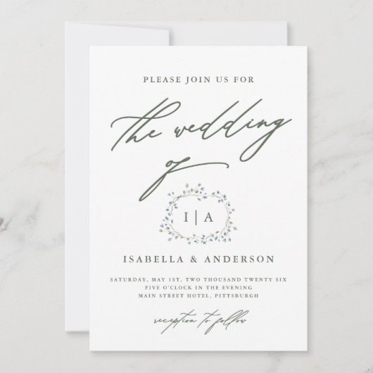 Rustic Wreath Sage Groene en Witte Huwelijk Kaart (Voorkant)