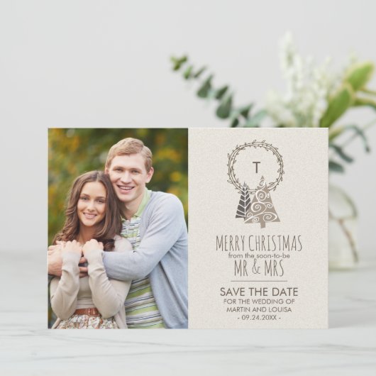 Rustic Wreath Save the Date Kerstfoto (Staand voorkant)