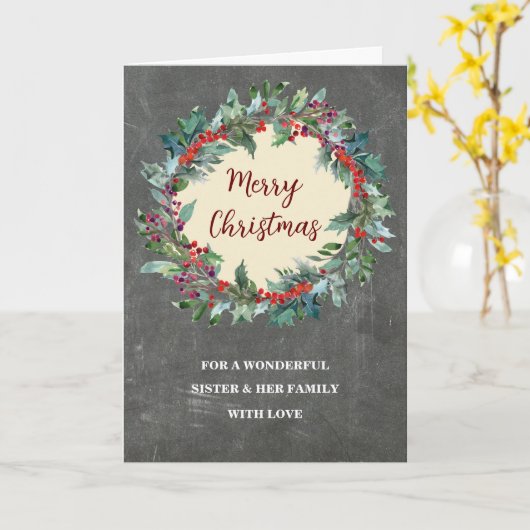 Rustic Wreath Sister & Family Vrolijk Kerstfeest Kaart (Gele Bloem)