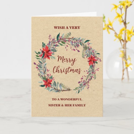 Rustic Wreath Sister & Family Vrolijk Kerstfeest Kaart (Gele Bloem)
